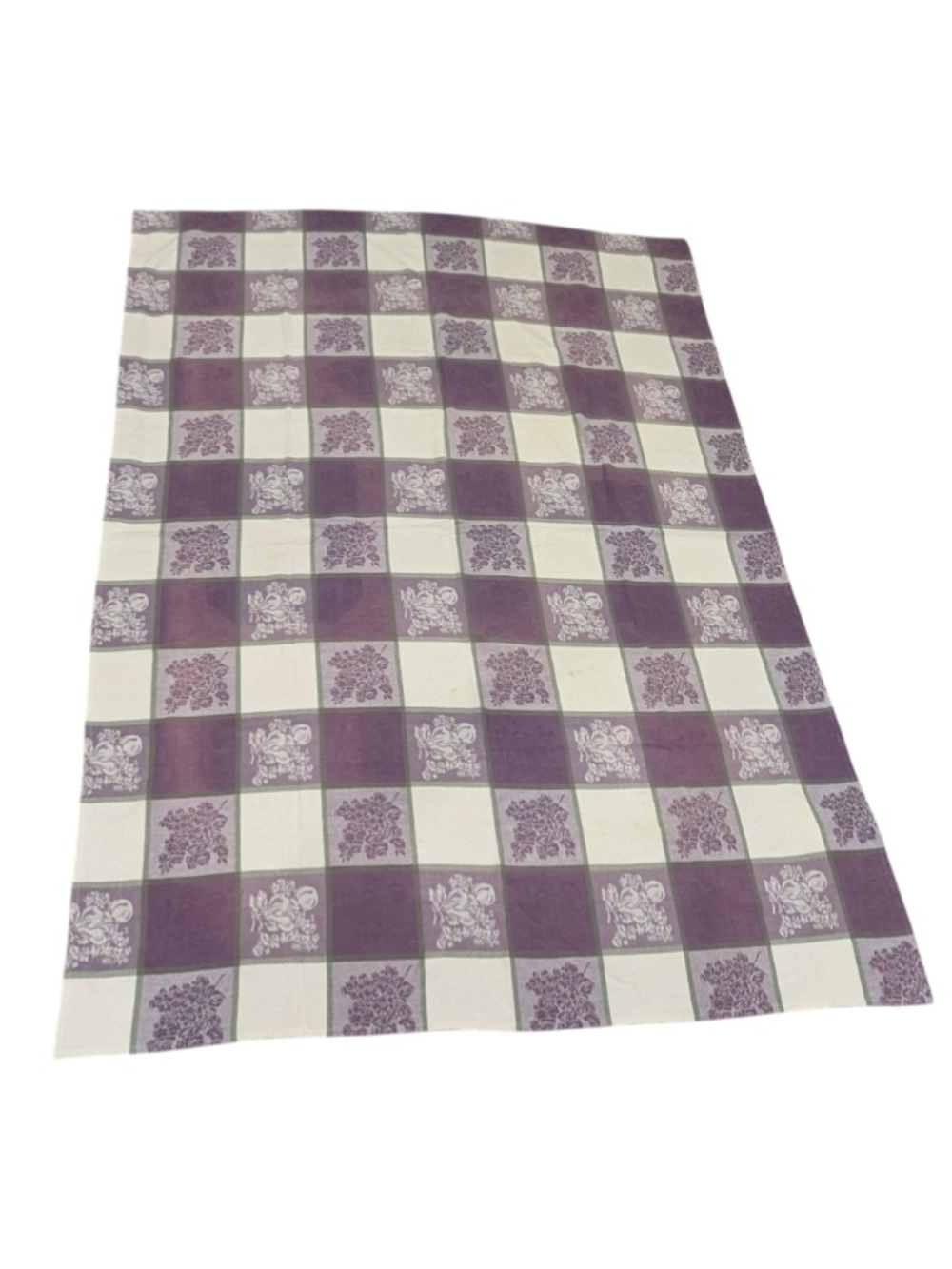 VTG 80s Purple Checkered Damask Fruit Woven Cotton Rectangular Tablecloth 78x56